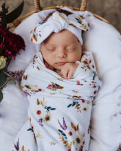 Load image into Gallery viewer, Boho Posy I Baby Jersey Wrap &amp; Topknot Set
