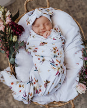 Load image into Gallery viewer, Boho Posy I Baby Jersey Wrap &amp; Topknot Set
